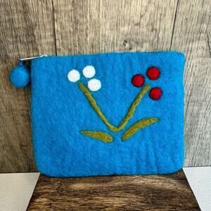 Felted Wool Coin Purse Blue Flower Wallet Key Holder Purse Charm New FAST SHIP